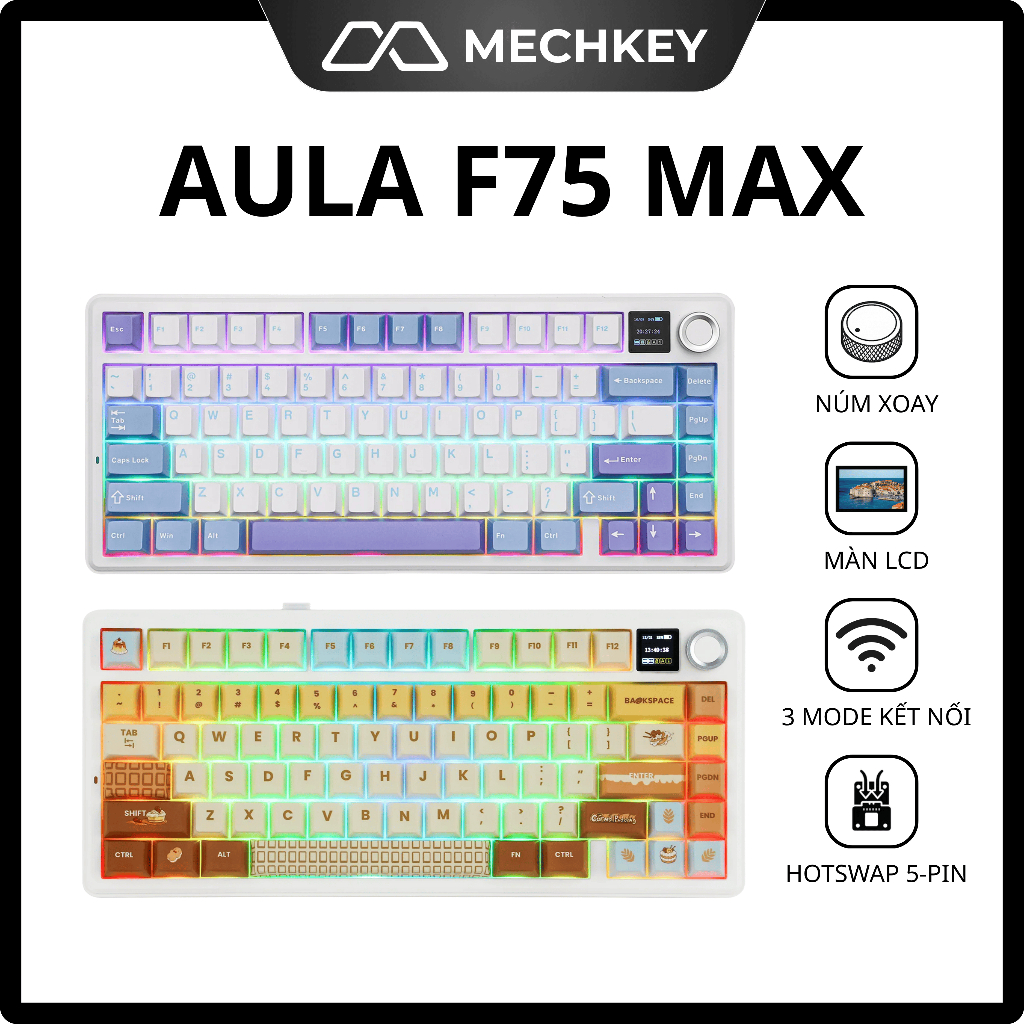 [HOẢ TỐC] Bàn phím cơ không dây AULA F75 Max - RGB mạch xuôi, Màn LCD, Gasket Mount, Hotswap