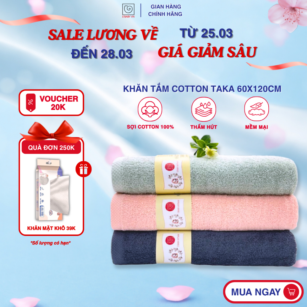 Khăn Tắm Cotton TAKA S'BABY 60x120cm Mềm Mại, An Toàn Cho Da, Thấm Hút Cực Tốt