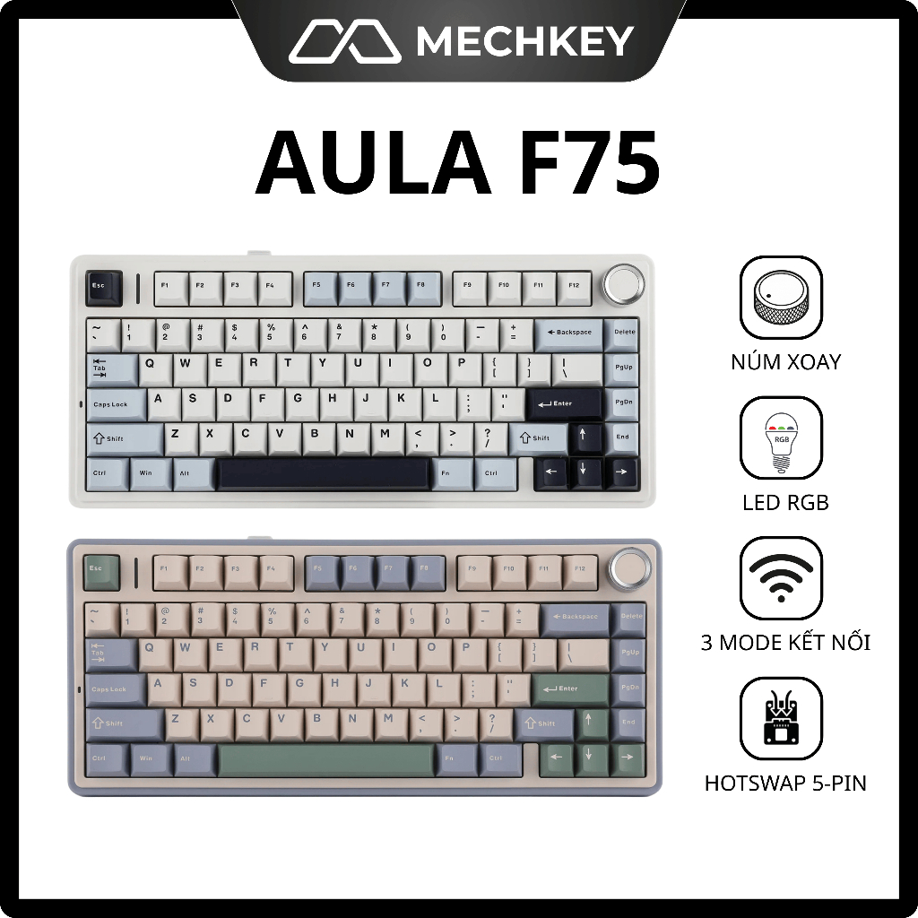 [HỎA TỐC] Bàn phím cơ không dây AULA F75 - Mạch xuôi, 3 Mode, Gasket Mount, Hotswap, Núm xoay | BigBuy360 - bigbuy360.vn
