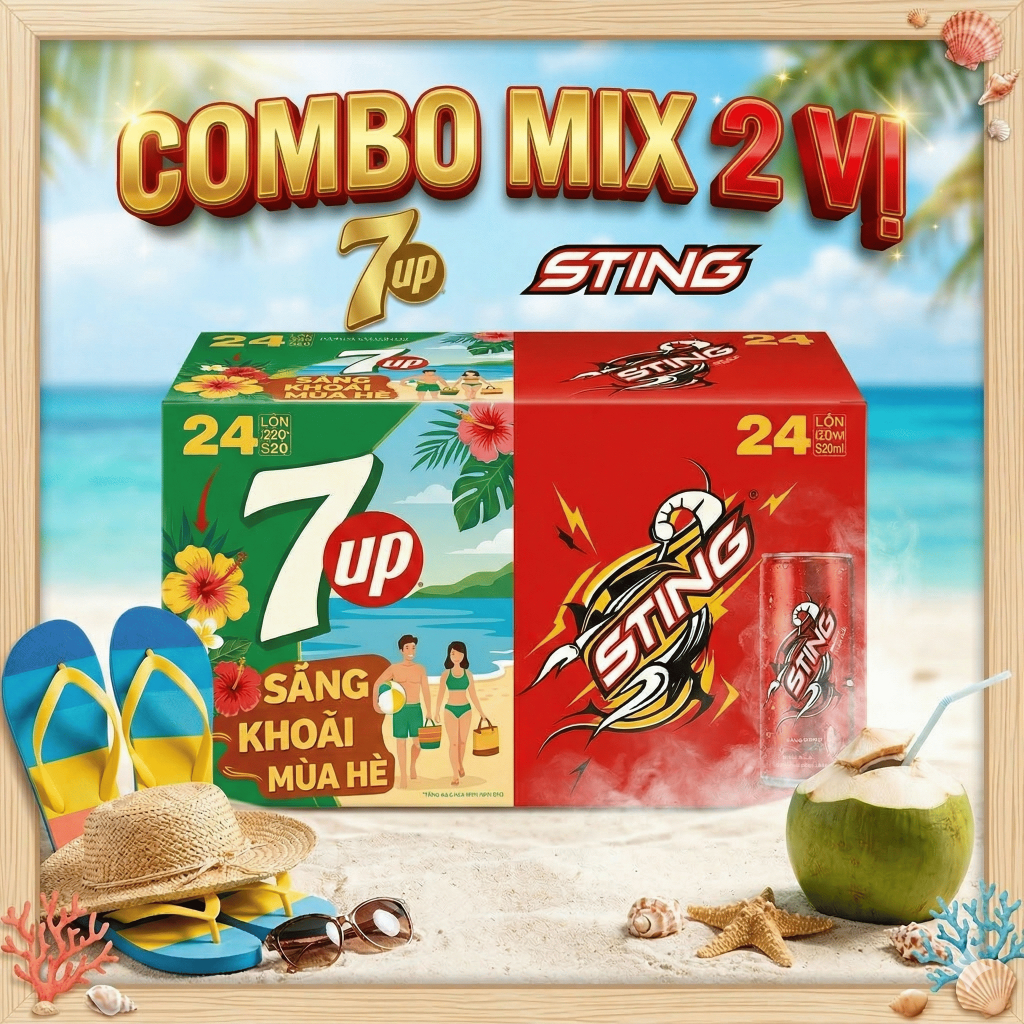 [HOẢ TỐC HCM] THÙNG NƯỚC NGỌT 24 LON 320ML MIX 2 VỊ STING + 7UP (12 lon mỗi loại)