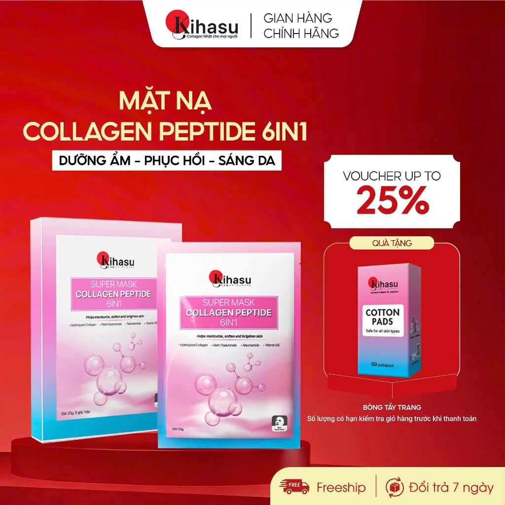 [LIVE] Hộp  Mặt Nạ 5 Miếng Collagen Peptide 6in1 Kihasu  Cấp Ẩm, Phục Hồi, Trẻ Hóa Da