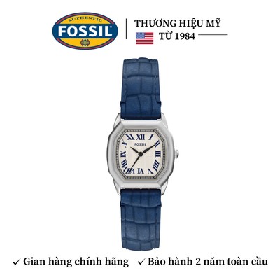Đồng hồ nữ Fossil Harlow ES5425 mặt kem 27MM, viền màu bạc, dây da xanh dương, máy pin, 3kim, chống nước 3ATM