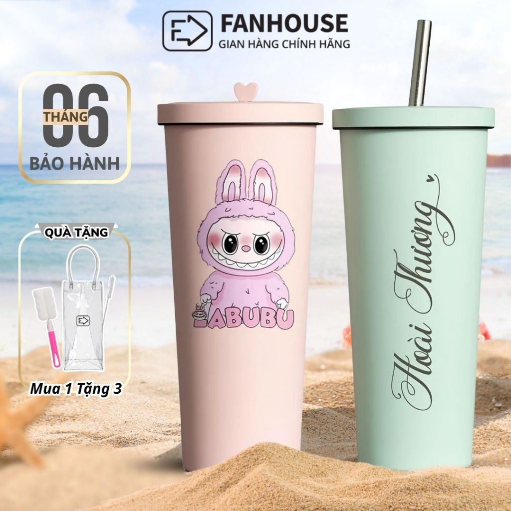 Bình giữ nhiệt Pastel 830ml ống hút trâu ly giữ nhiệt 12h Fan House inox 304 cao cấp, khắc tên