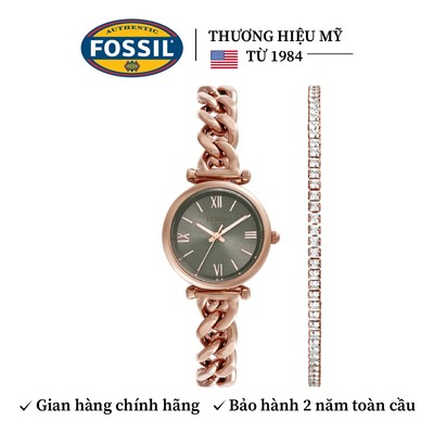 Đồng hồ nữ Fossil CARLIE ROSE GOLD 28mm mặt xám ES5378SET gồm đồng hồ và vòng tay