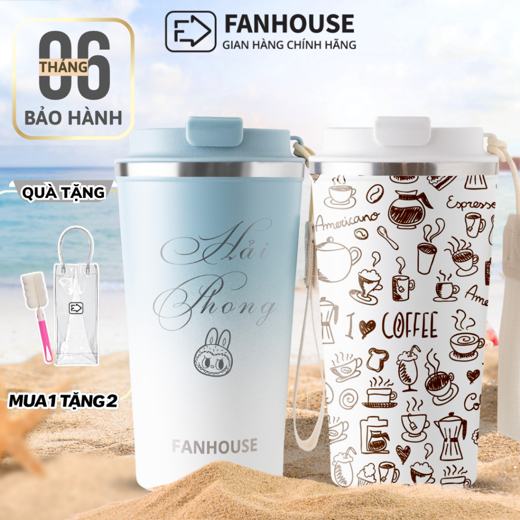 Cốc giữ nhiệt 510ml Fan House ly coffee holic inox 304, bình giữ nhiệt 12h khắc tên, Ly giữ nhiệt