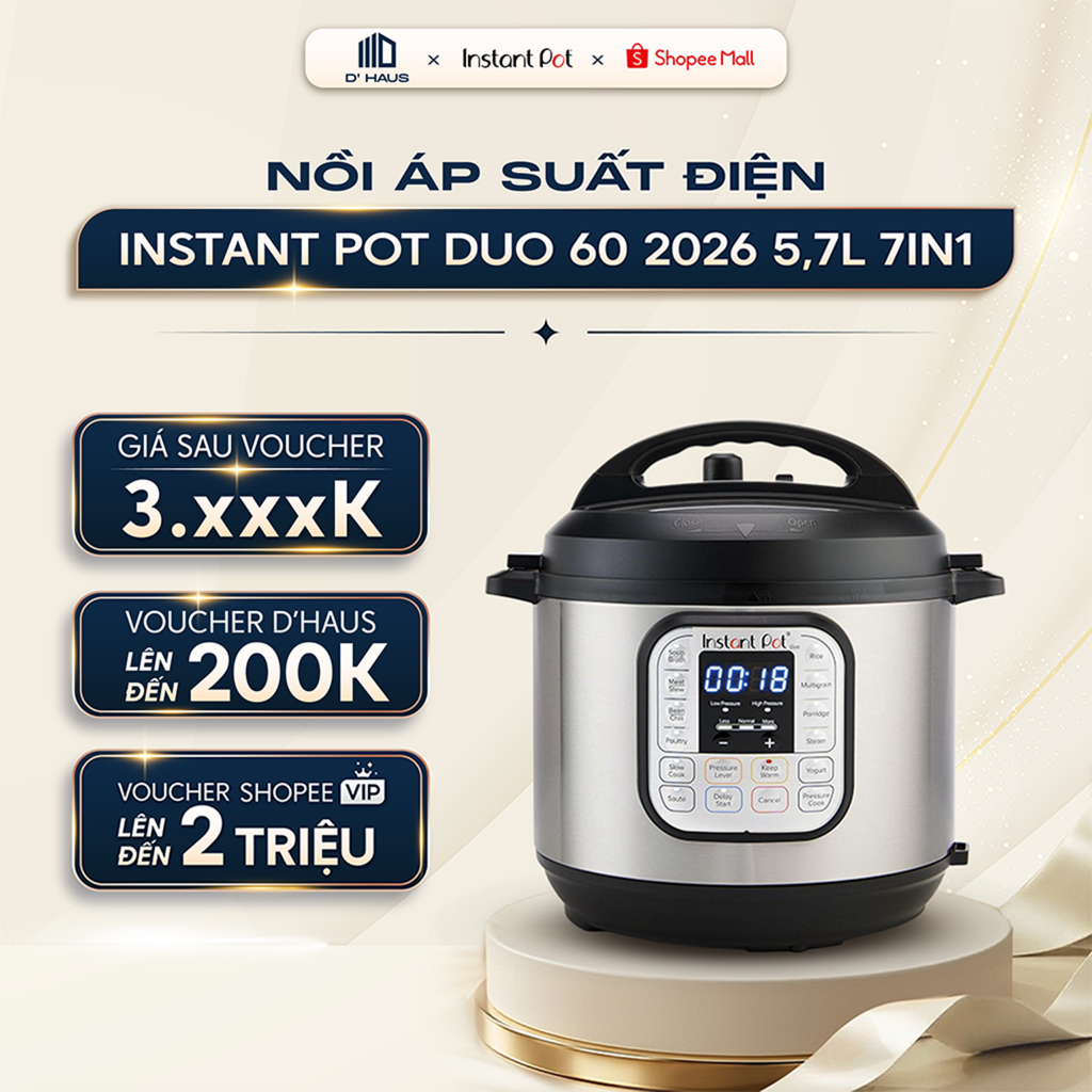 Nồi áp suất diện Instant Pot Duo 60 7in1 dung tích 5.7L, van xả tự động cải tiến an toàn, công suất 1000W nấu nhanh hơn