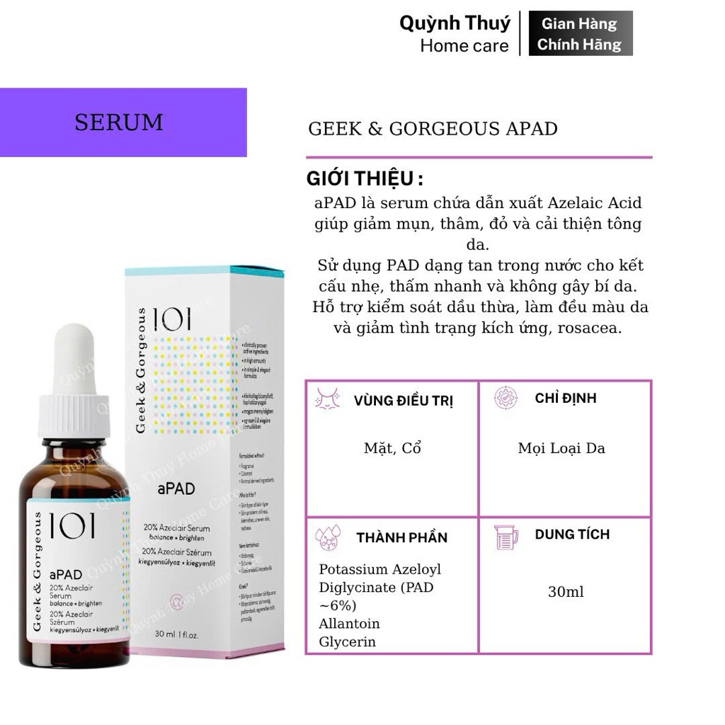 [ Chính Hãng ] Serum aPAD Azelaic Acid 20% Tinh Chất Mờ Thâm , Dưỡng Sáng , Kiểm Soát Dầu 30ml
