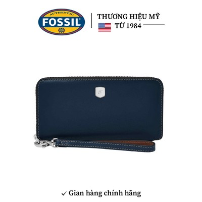 Ví dài nữ Fossil Lennox SL10037545 da thật màu xanh dương, kèm dây đeo tay, chiều dài 20cm