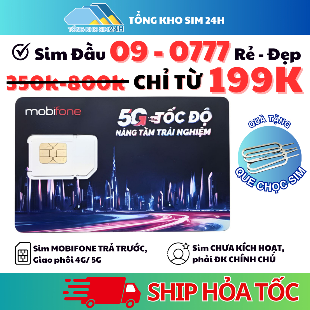 Sim Đầu 09 - 0777 Dễ nhớ Mobifone Số Đẹp, Sim Phong Thủy [Sim chưa kích hoạt, cần ĐKCC]