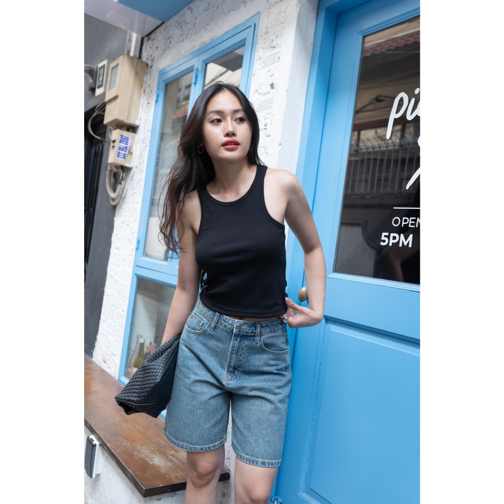 HASHTAGEM - Quần Short Lửng Ngố, Form Ống Rộng, Xanh Trầm Wash, Bermuada Denim Shorts Hazy Blue HDS.