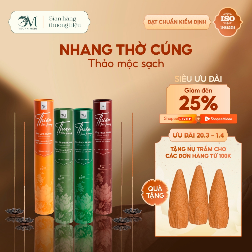Nhang sạch thảo mộc kết tinh từ thiên nhiên OM Vegan Medi108 nén (hộp)