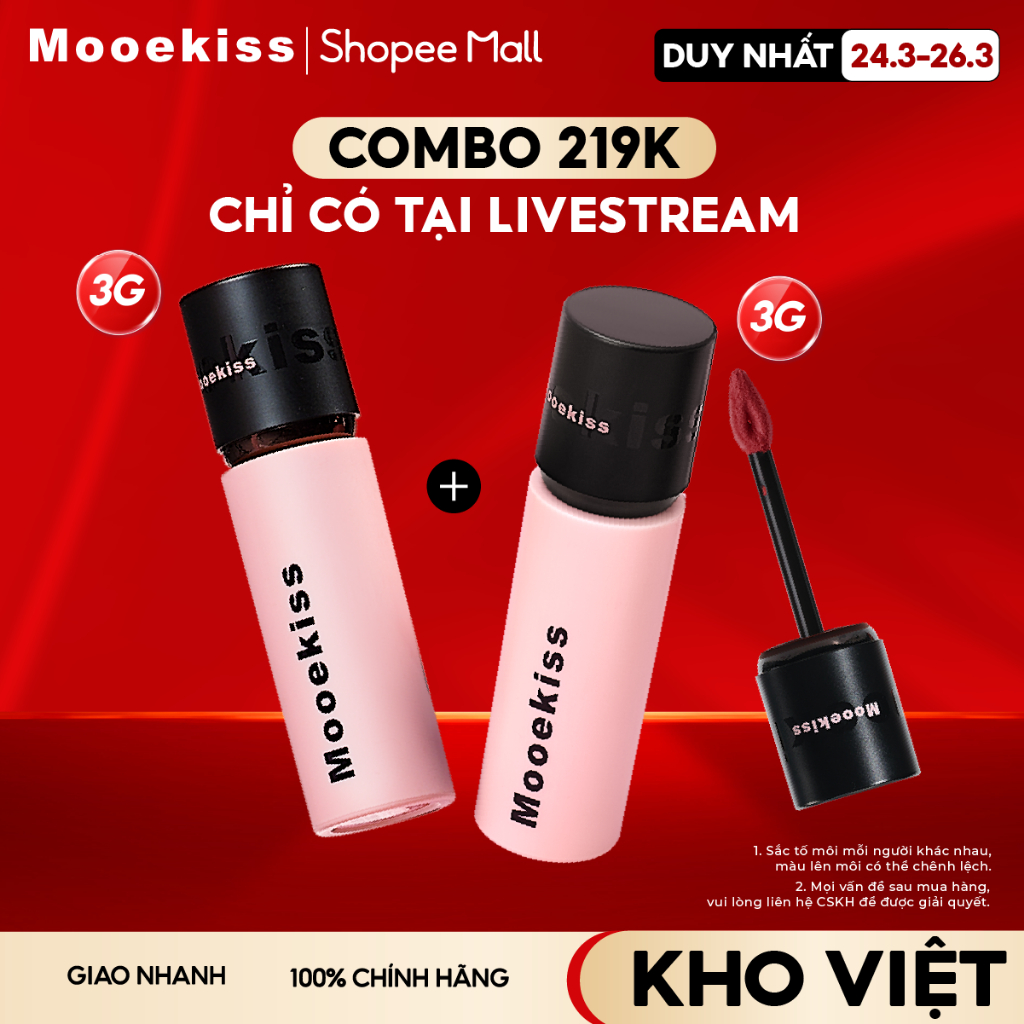 [KOL] Combo Son Môi Lì Mooekiss Giúp Giảm Tình Trạng Môi Xỉn Màu Phù hợp Với Tone da Vàng Làm Sáng Tone Da 3gx2 V01