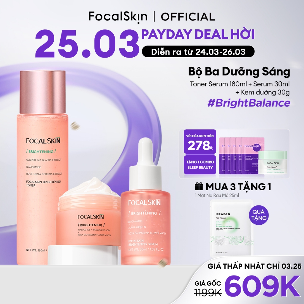 Toner Serum + Serum + Kem Dưỡng Trắng Da FOCALSKIN VC + Niacinamide B3 + α Arbutin Giảm Thâm Mụn Nám