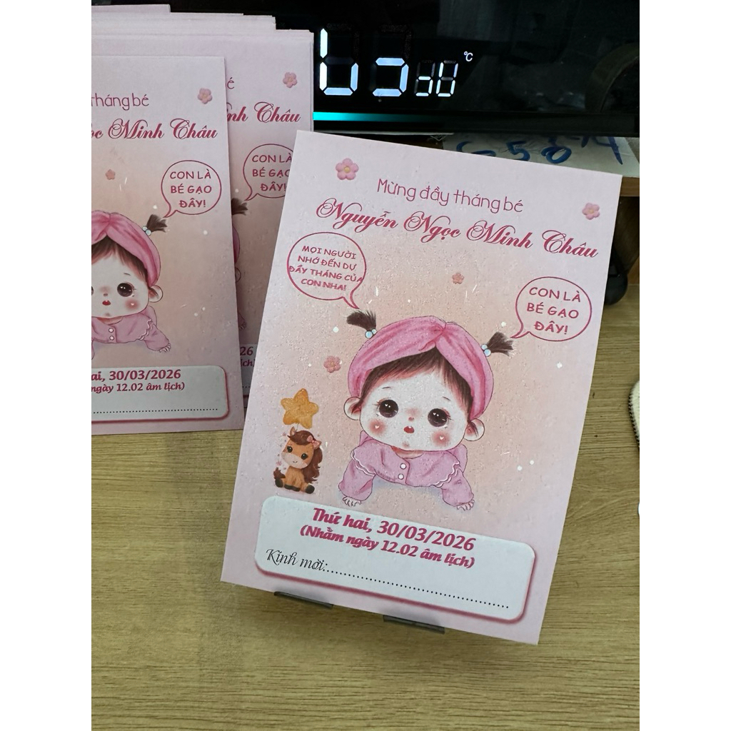 (có sẵn) thiệp thôi nôi đầy tháng bé gái Baby girl 146, in hoàn thiện nội dung in >50 thiệp.