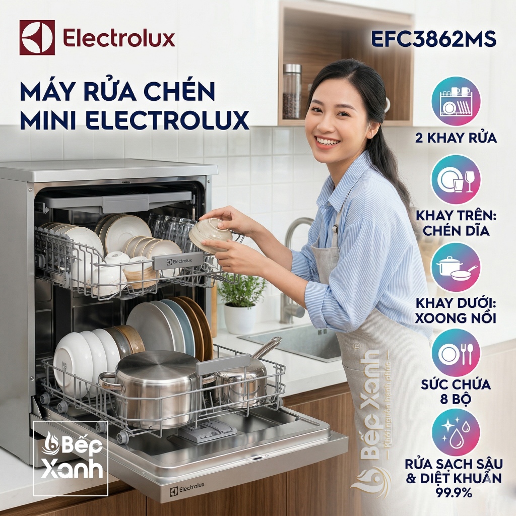 [MUA 1 ĐƯỢC 2] Máy Rửa Chén Electrolux 8 Bộ EFC3862MS (Màu Bạc) - Công Nghệ AirDry - Tặng Quà 890K - Hàng Chính Hãng