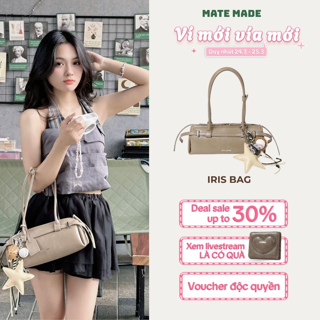 [TẶNG KÈM CHARM] MATE MADE Túi Xách Nữ Iris Bag Đeo Vai Đai Ngang Thời Trang - Quai Đôi Size 28