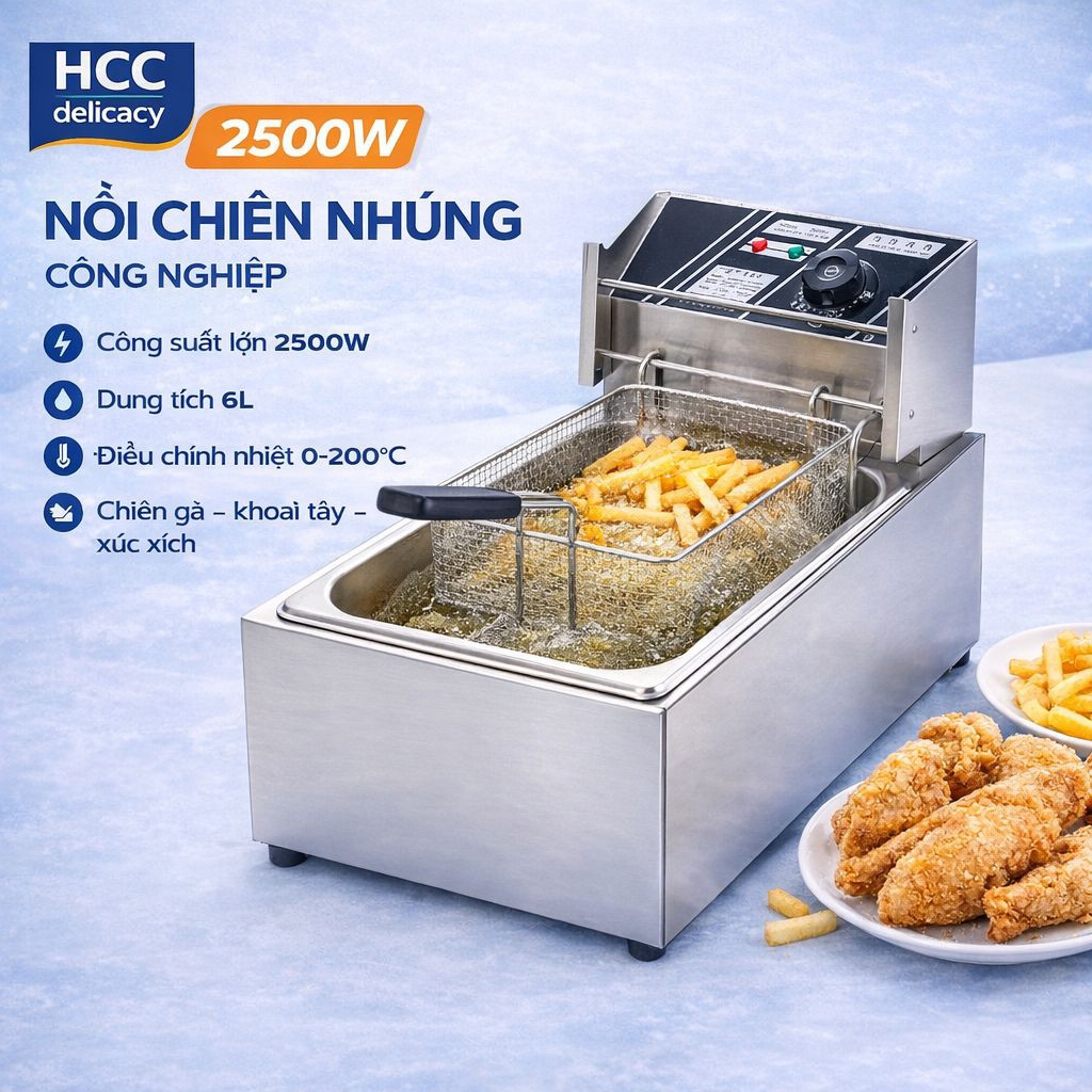 Máy Chiên ngập dầu nhúng điện 6L 2500W Inox – Bếp Chiên Gà Rán Khoai Tây Xúc Xích Cho Quán Ăn