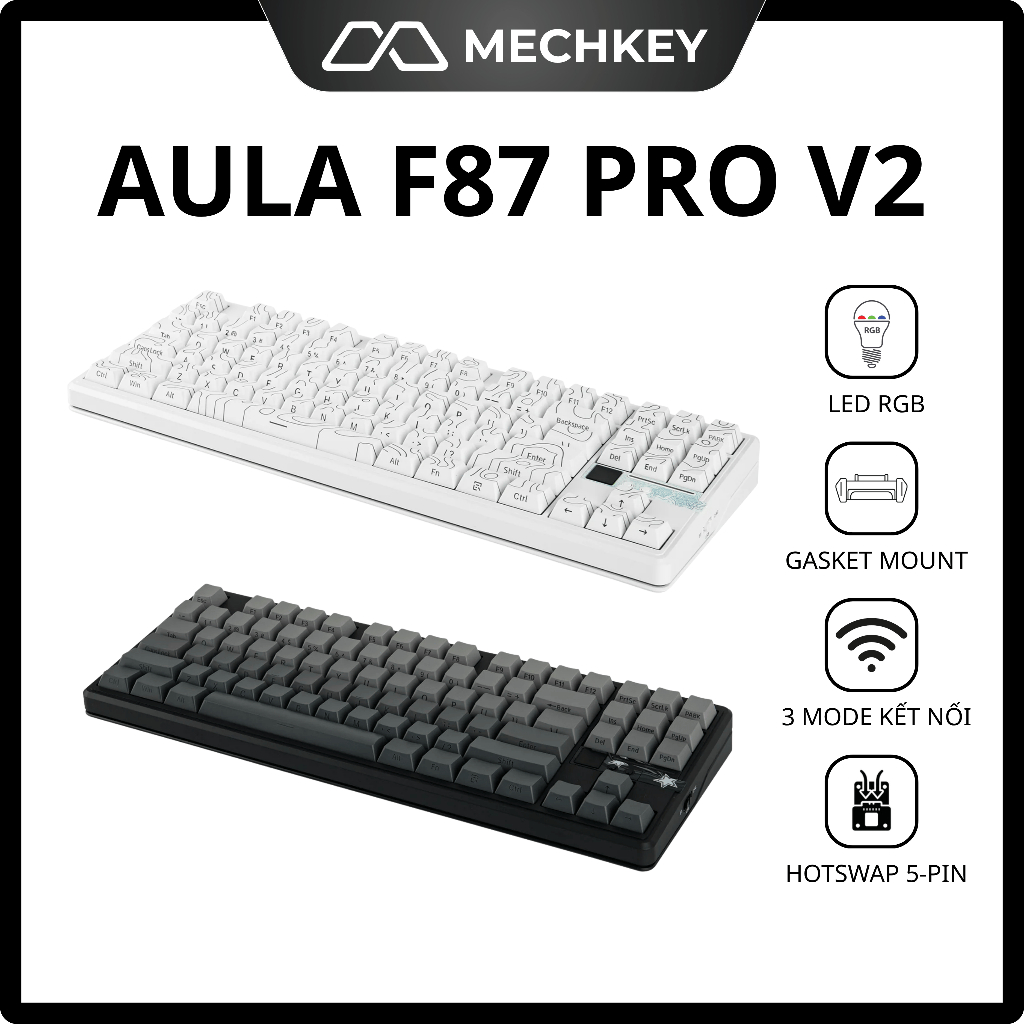 Bàn phím cơ không dây AULA F87 Pro V2 - Pin 10.000mAh, Mạch xuôi, Gasket Mount, 3 Mode