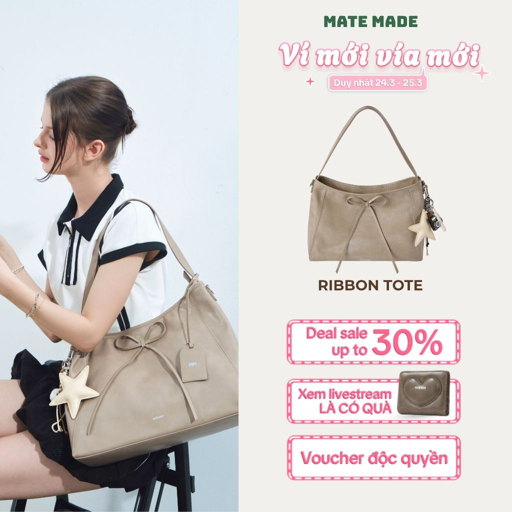 Túi TOTE Nữ Quai Đôi MATE MADE Ribbon Bag - Da Mềm Size To - Phong Cách Hàn Quốc