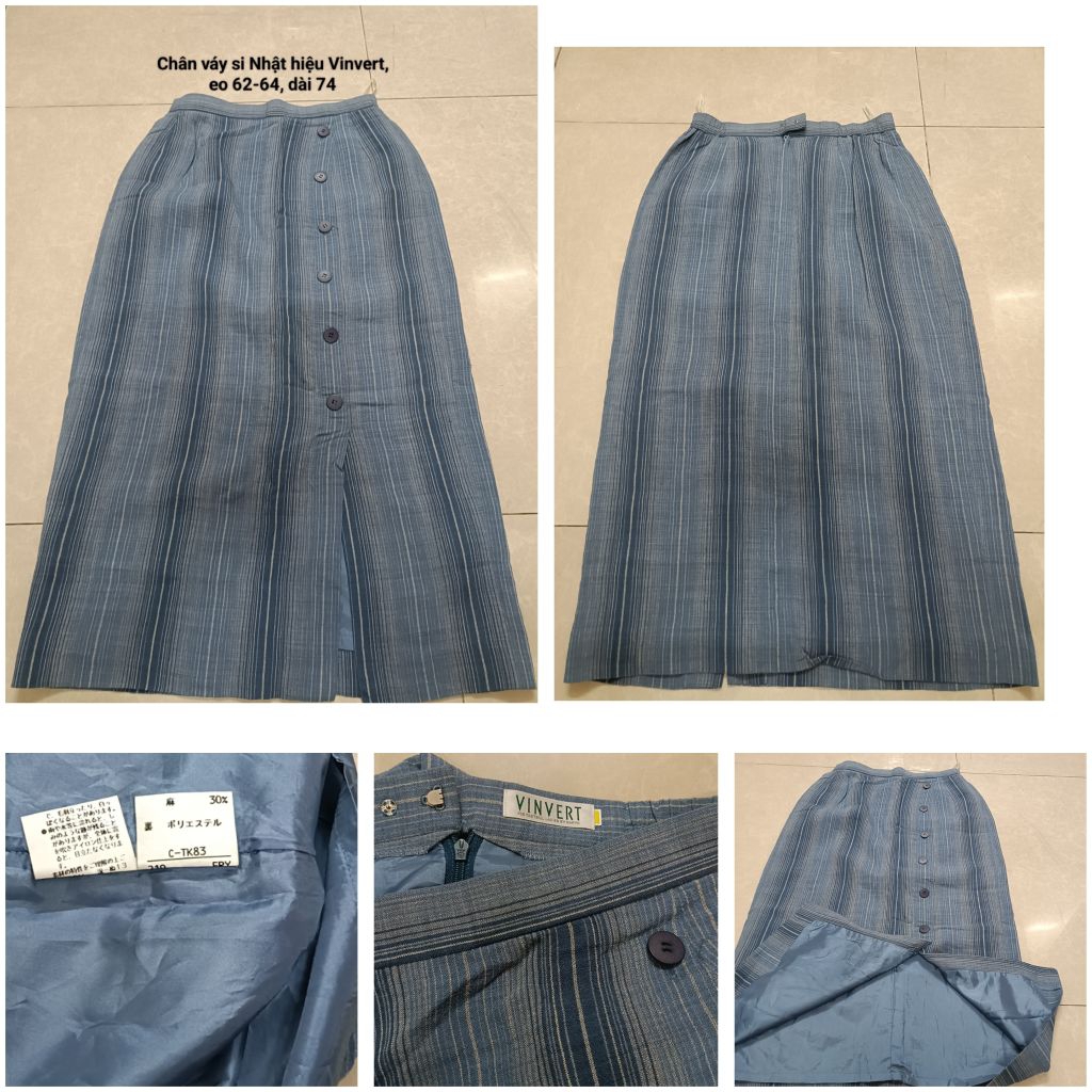CV79#Chân váy dài Vinvert Nhật bản xịn dáng suông A cài nút sọc xanh vintage có lót