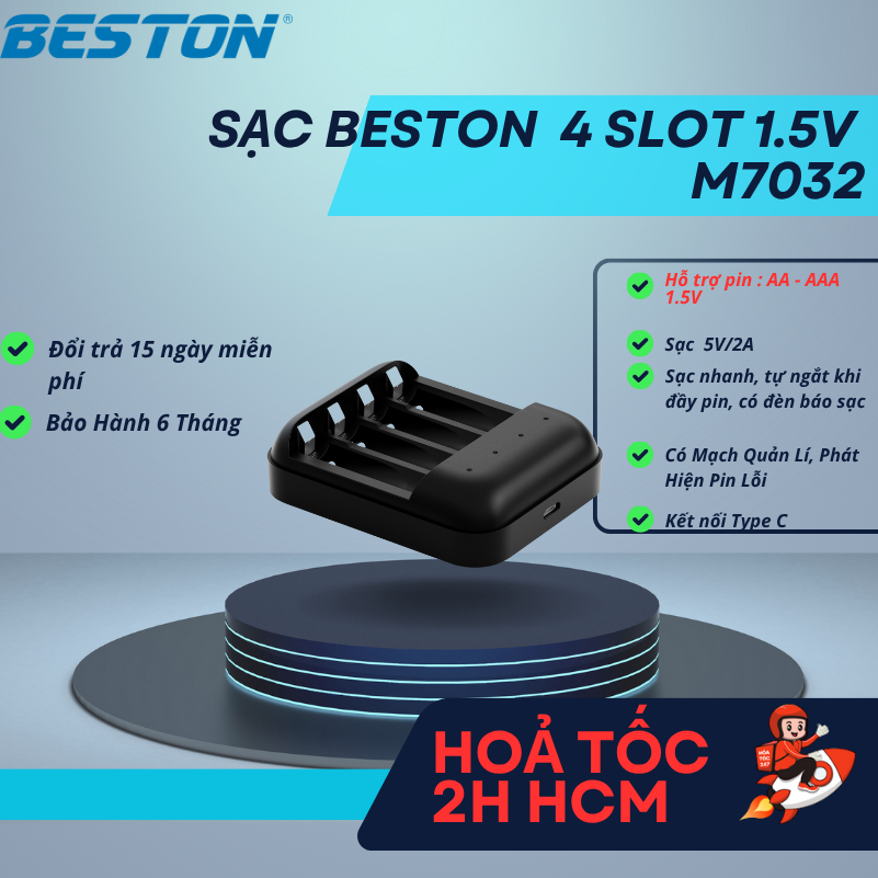 Bộ sạc pin 1.5V Beston M7032 dùng cho pin sạc 1.5v AA AAA Li-ion Sạc nhanh Tự ngắt khi đầy