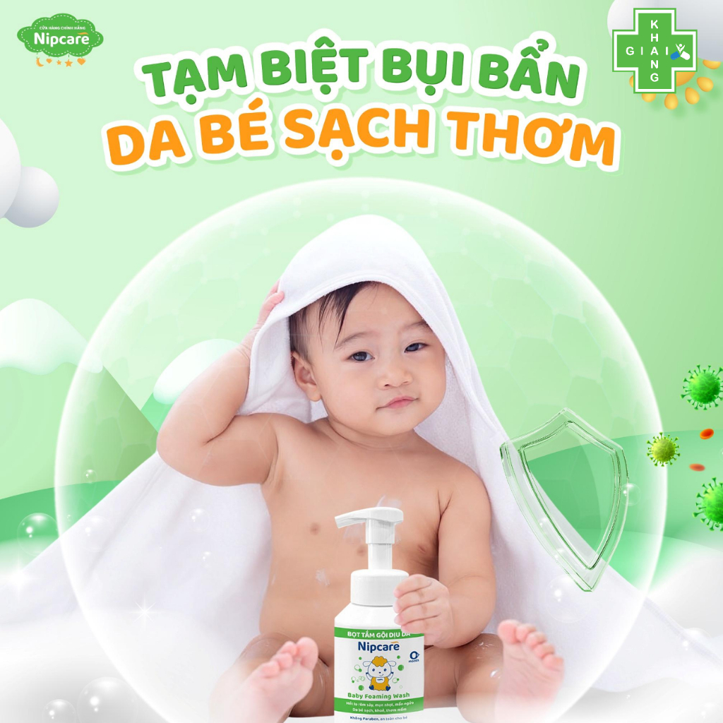 Bọt tắm gội dược liệu Nipcare thổi bay viêm da, rôm sảy an toàn và hiệu quả (Chai 200ml)