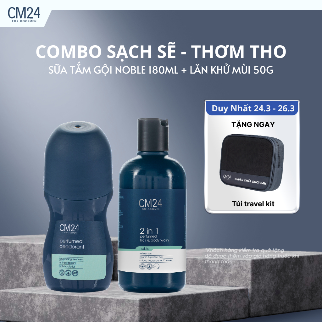 Combo Sữa Tắm Gội 2in1 Noble 180ml và Lăn Khử Mùi 50g CM24 For Coolmen