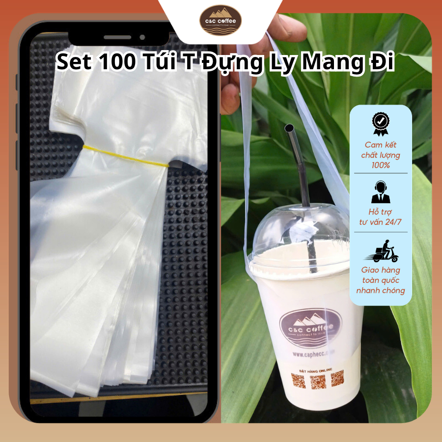 Set 100 Túi T Đựng Ly Mang Đi, Túi Xách Dáng Chữ T Dùng Cho Ly Giấy Cốc Nhựa Cà Phê Takeaway - C&C Coffee