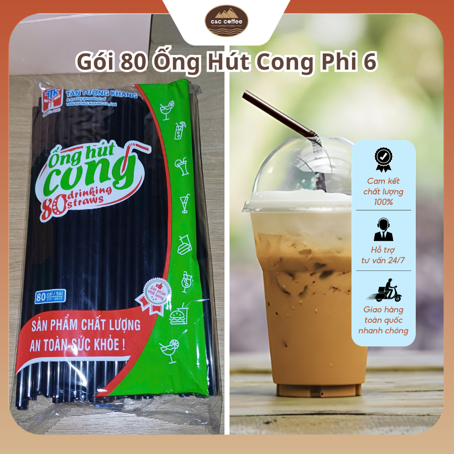 1 Gói Ống Hút 80 Chiếc, Cong Đen F6 Phi 6, Túi 80 Cái Ống Hút Cà Phê Nhựa PP An Toàn GMP Việt Nam 6mm 21cm - C&C Coffee