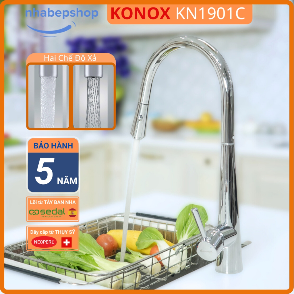 [Chính Hãng 100%] Vòi Chậu Rửa Bát KONOX KN1901C - Thiết Kế Rút Dây Hiện Đại, 2 Chế Độ Xả, Bảo Hành 