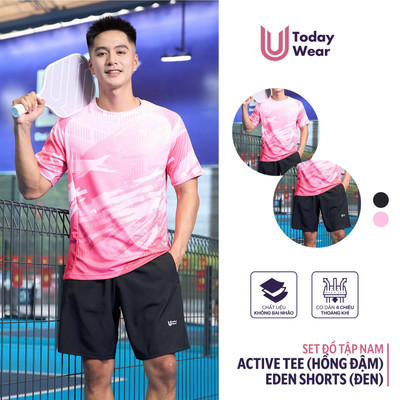 [DEAL MỞ BÁN] Set thể thao nam tập picklebal Active Tee hồng đậm phối quần Eden Short đen Today U Wear
