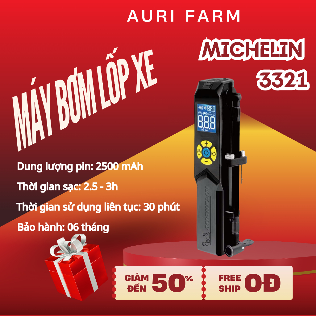 MÁY BƠM LỐP DÙNG PIN MICHELIN 3321 - Bơm cho xe ô tô - xe máy- Xe đạp - có chế độ tự ngắt