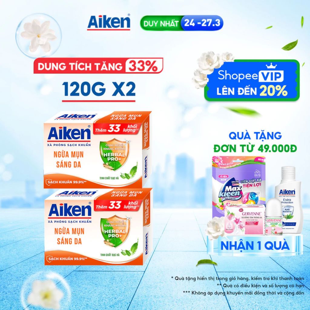 [TĂNG 33% DUNG TÍCH] Combo 2 Xà phòng Aiken sạch khuẩn Ngừa Mụn Sáng Da chiết xuất Bạc Hà (120g x 2)