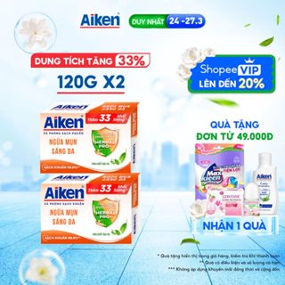 [TĂNG 33% DUNG TÍCH] Combo 2 Xà phòng Aiken sạch khuẩn Ngừa Mụn Sáng Da chiết xuất Bạc Hà (120g x 2)