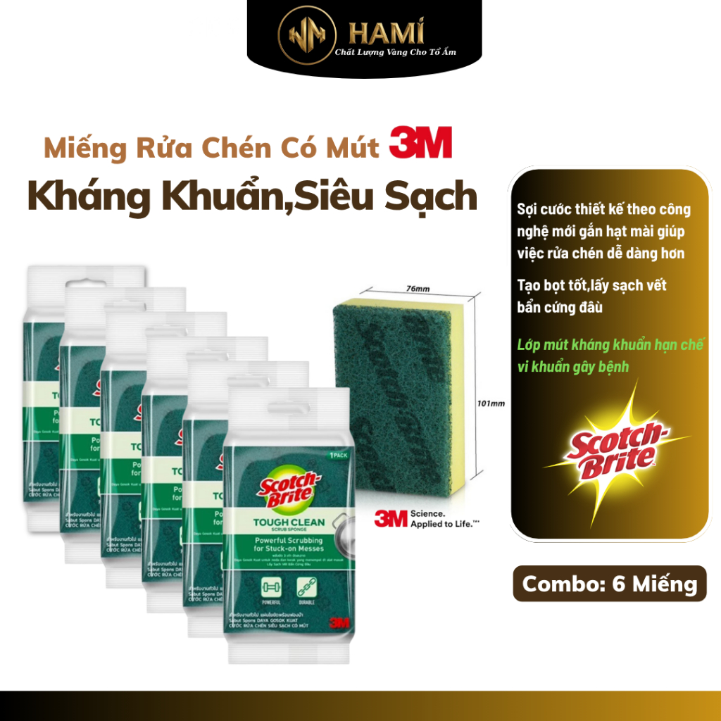 Gói 6 Miếng Rửa Chén,Bát 3M Scotch Brite Kháng Khuẩn,Siêu Sạch Gấp 3 Lần Miếng Rửa Thông Thường
