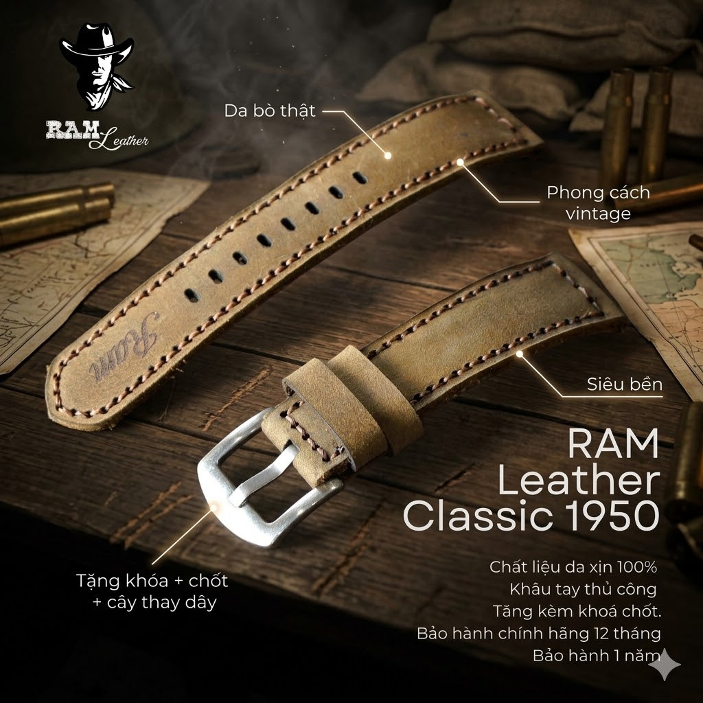 Dây Đồng Hồ RAM Leather Classic 1950 Da bò Sáp Handmade Siêu Bền 18mm, 20mm, 22mm, Casio 1200, AW
