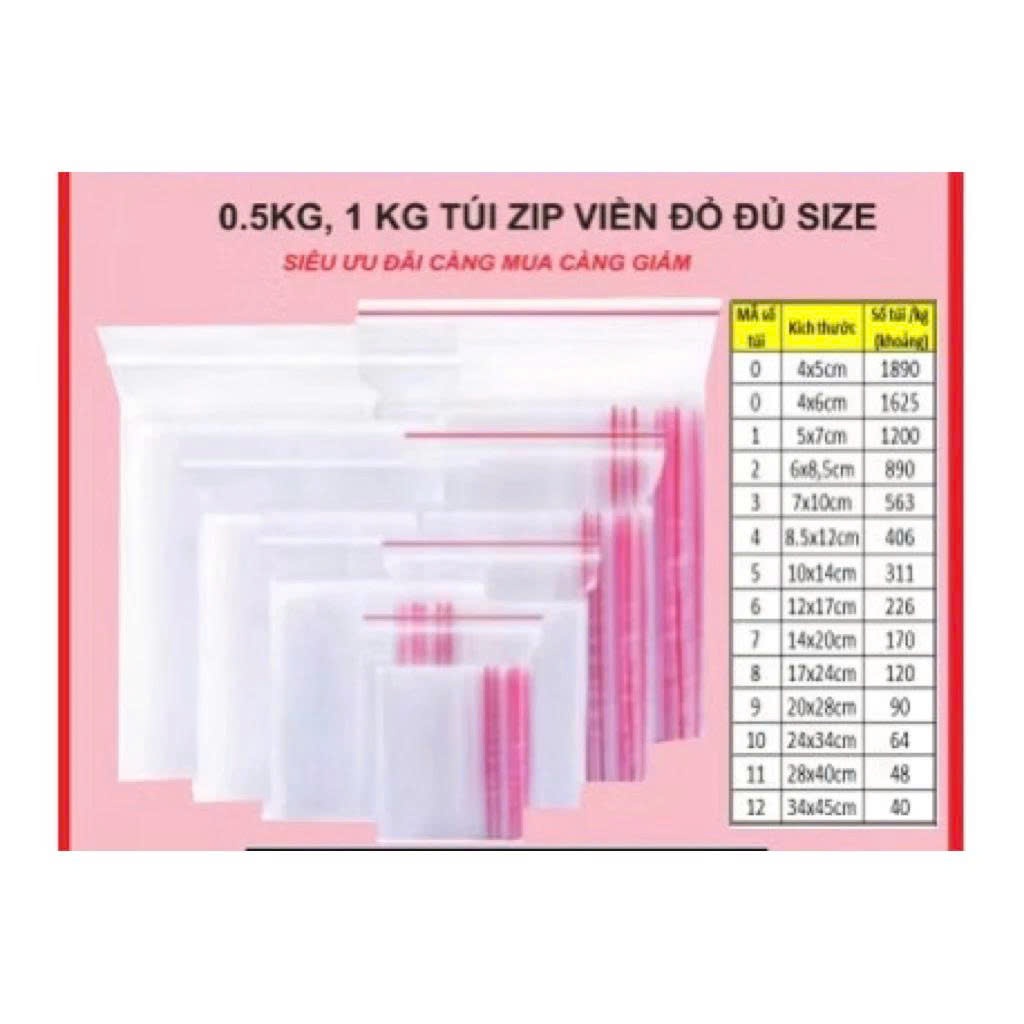 Túi zíp chỉ đỏ (0,5kg-1kg/1size) hàng dày, đẹp , đủ size từ số size 0 đến size 12