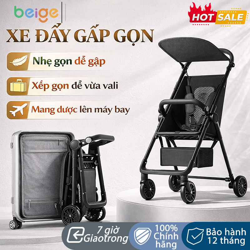 xe đẩy gấp gọn cho bé Beige,Gấp gọn một chạm, đáy rộng - Gấp tiện lợi, siêu nhẹ