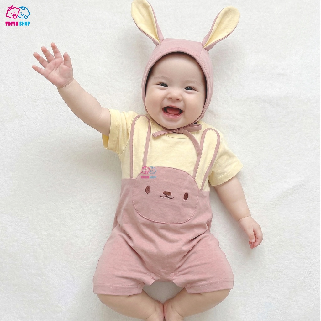 Áo liền quần Body đùi cộc tay kèm nón mũ Bodysuit cho bé sơ sinh bé trai bé gái Body tai thỏ SLH197