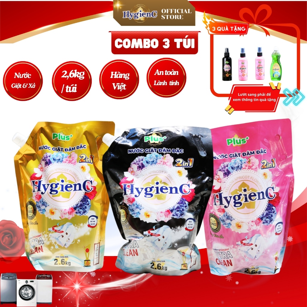 Combo 3 Túi nước giặt đậm đặc HygienC Plus+ Khối lượng 2.6Kg - CB3T1