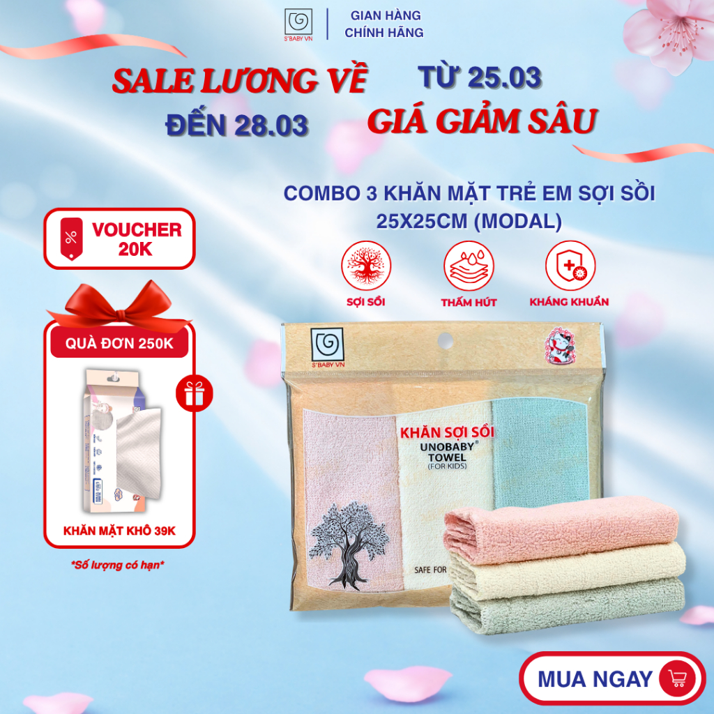 [Chính Hãng] Combo 3 Khăn Mặt Trẻ Em Sợi Sồi S'BABY 25x25cm Mềm Mại Và An Toàn Với Làn Da