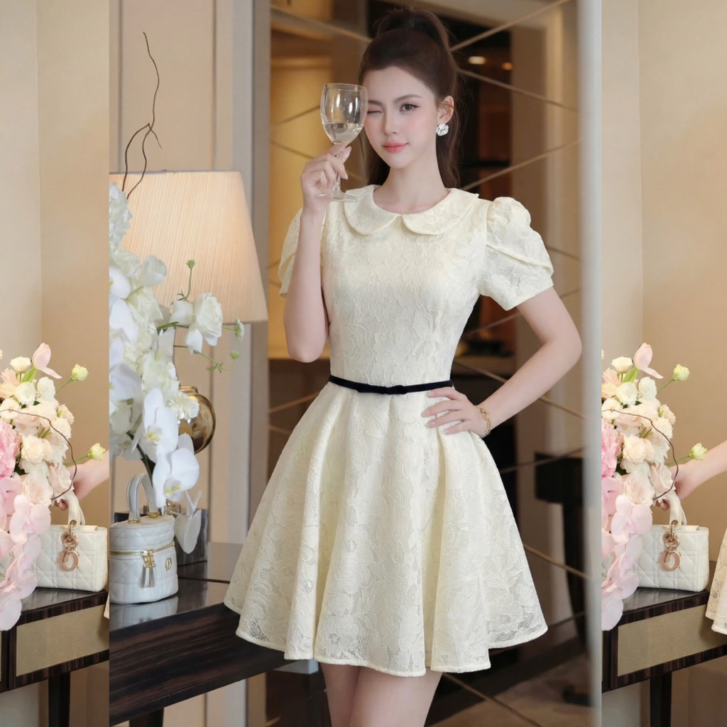 HD Store- Váy ren cổ sen tay xếp chéo cách điệu