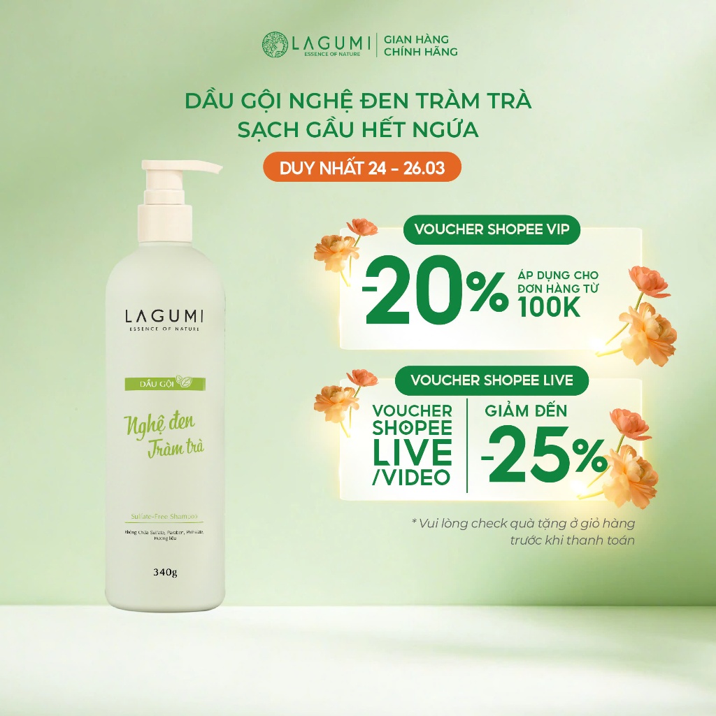 [HCM ] Dầu gội nghệ đen tràm trà LAGUMI 340gr