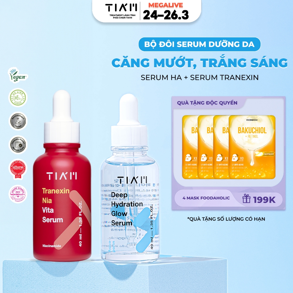 Bộ Đôi Serum Cấp Ẩm Sâu, Làm Sáng Da Và Hỗ Trợ Mờ Thâm Nám Tia'm Tranexin Nia Vita & Deep Hydration Glow Serum 40ml