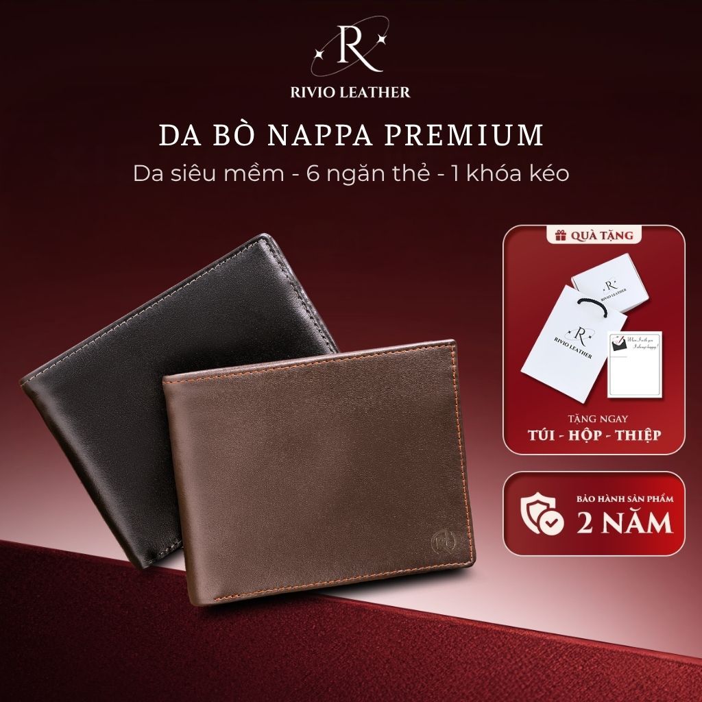 Ví nam cao cấp, Bóp nam cao cấp có khóa kéo da bò thật Nappa Premium siêu mềm mịn RIVIO LEATHER