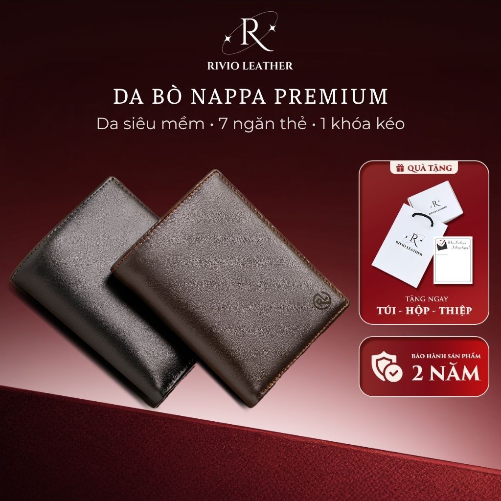 Ví nam đứng Nappa Premium siêu mềm mịn, Ví da nam cao cấp chính hãng da bò thật Fullbox RIVIO LEATHER