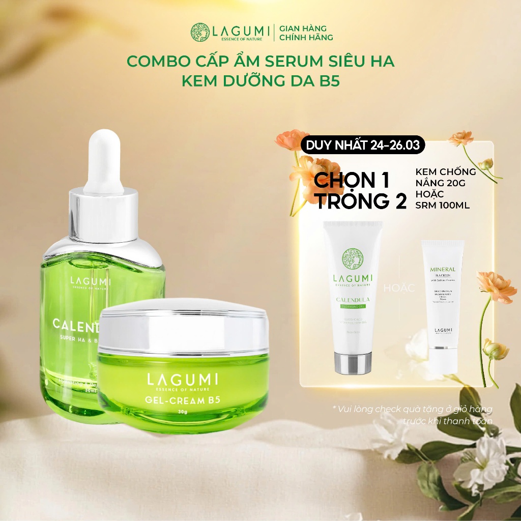 Bộ Kem dưỡng ẩm & làm sáng cho mẹ bầu, sau sinh LAGUMI Calendula B5 30gr và Serum LAGUMI Super HA 30ml