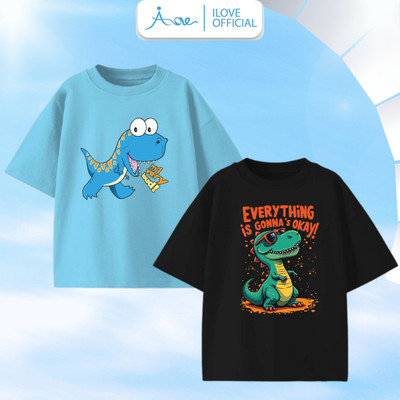 Áo thun cộc tay cho bé trai AORE, Áo phông tay ngắn in hình Khủng Long T-REX XANH chất COTTON mềm mịn 9-36kg