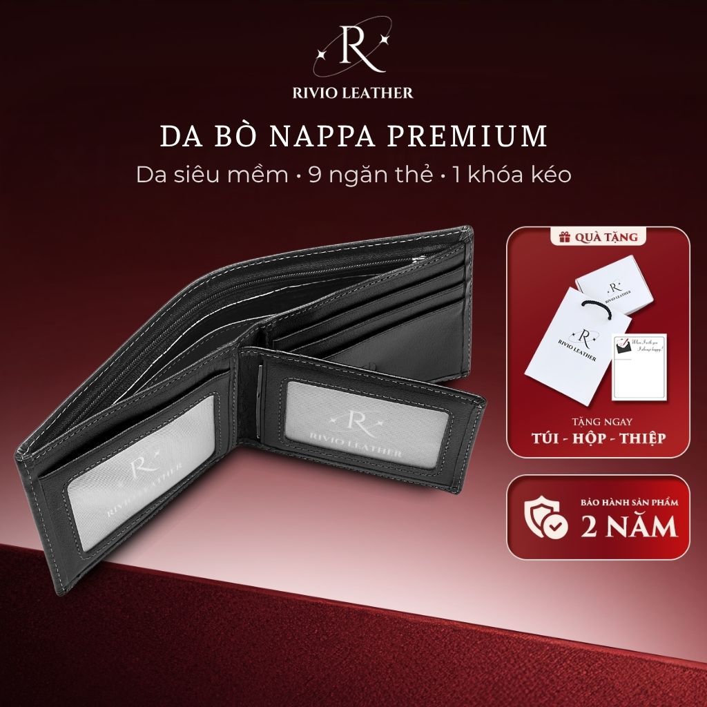 Ví tiền nam cao cấp, ví da nam nhiều ngăn đựng tiền da bò Nappa loại 1 siêu mềm mịn RIVIO LEATHER