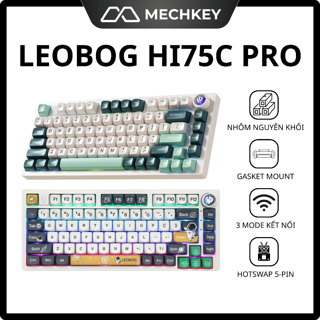 [HỎA TỐC] Bàn phím cơ Nhôm Leobog Hi75C Pro - 3 Mode Không dây, Mạch xuôi, Gasket Mount, Full Build